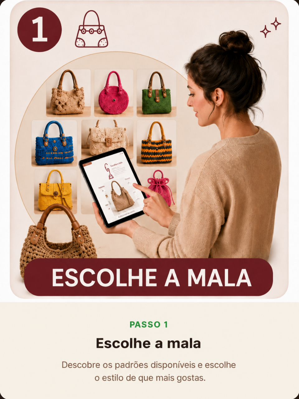 Passo 1 escolher a mala em croché